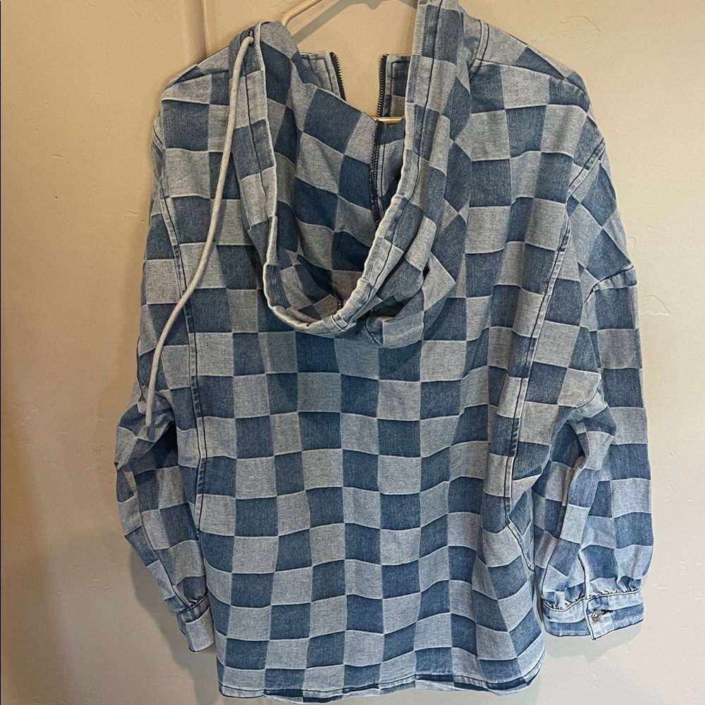 Stylish Blue Checkered Women's Hoodie - Picture 4 of 4
